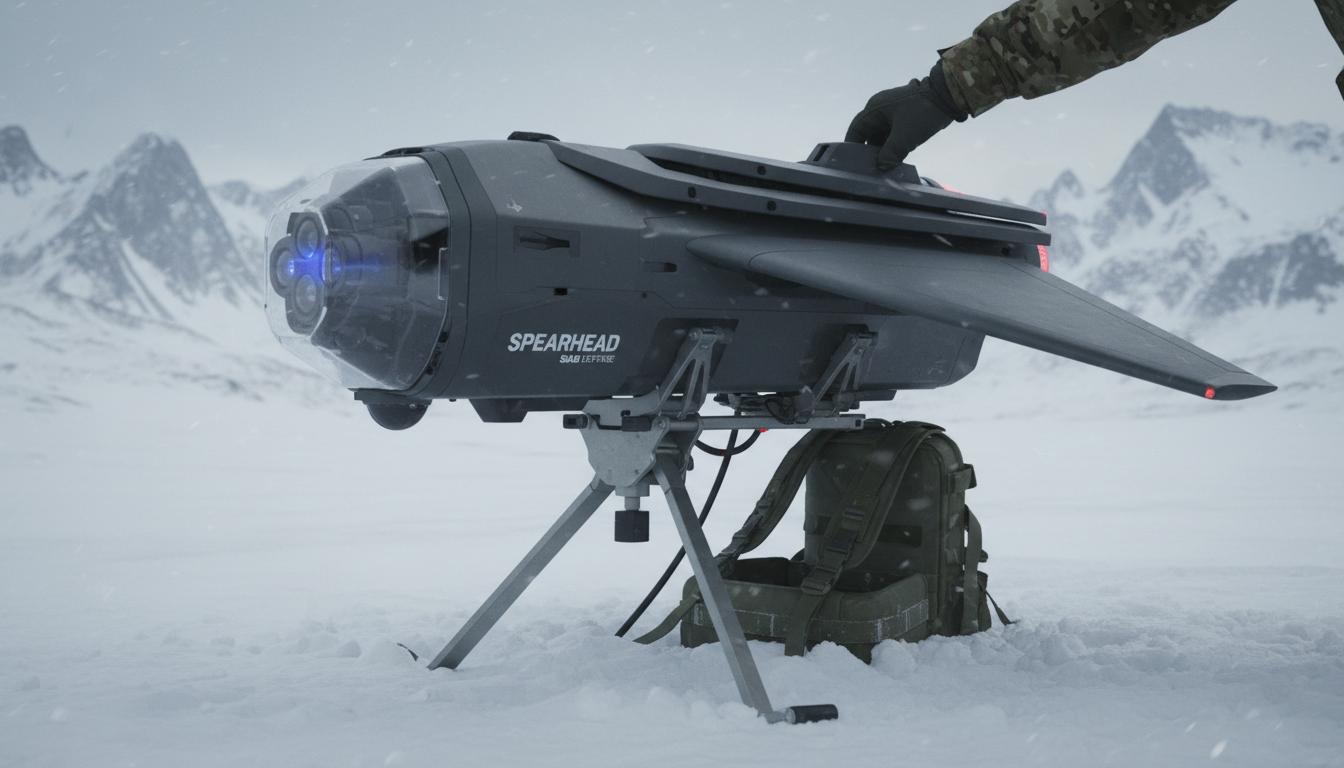 Spearhead loitering munition drone on portable launcher with AI targeting system